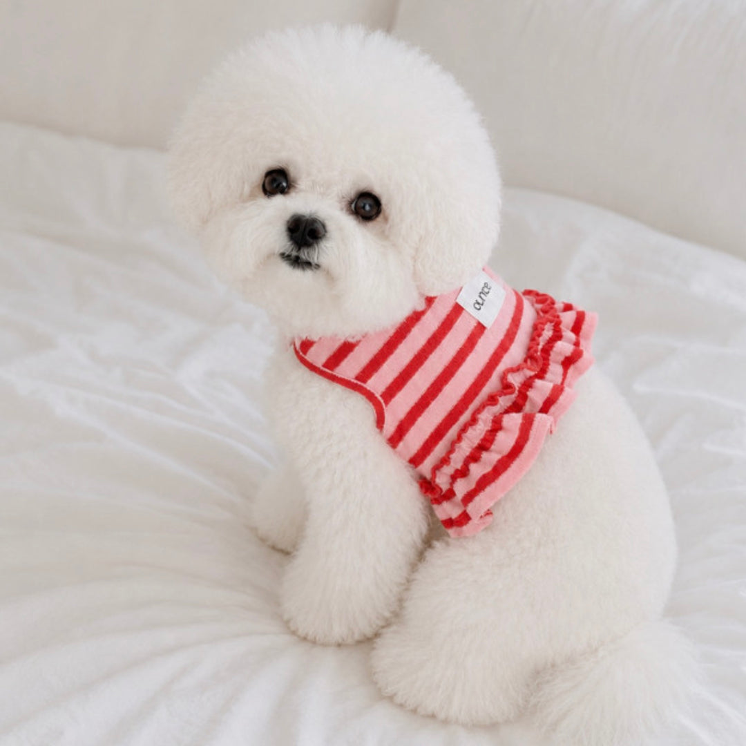 ※予約販売【OUNCE】Terry Stripe Cool Frill Harness（Pink）｜犬用ハーネス