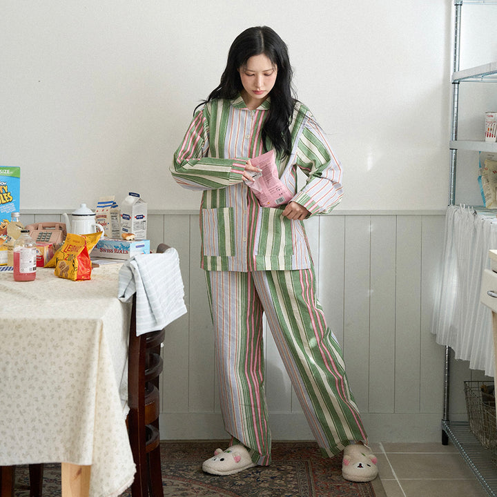 ※予約販売【noutti】Poppy Stripe Pajama（Pink & Green）